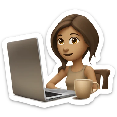 Half face of a girl at the laptop. A a cup of coffee on the left side of the table. Books on the right side. in beige tones sticker
