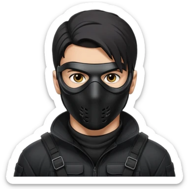 Close-up portrait of an attractive man with piercing eyes, wearing a sleek black tactical mask that covers the lower half of his face. He has sharp jawline definition, dark hair, and a serious, undercover criminal or covert operative look. High contrast, noir lighting, cinematic depth of field. sticker