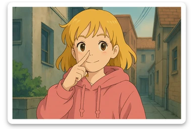 A girl yellow hair brown eyes pink Urban Heavy Loose Fit Hood Sweat touch your nose  sticker