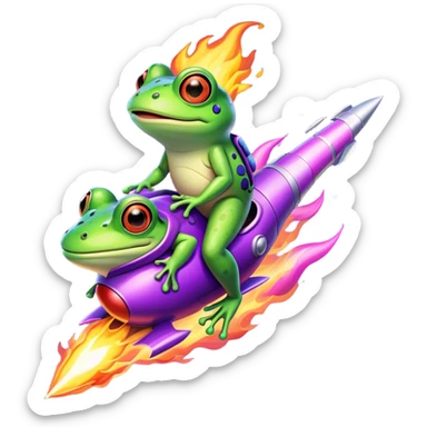 frog riding purple rocket with fire sticker