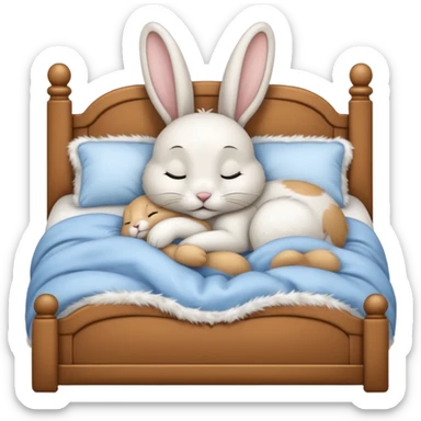 cartoon rabbit sleeping soundly in a big bed with its eyes closed sticker