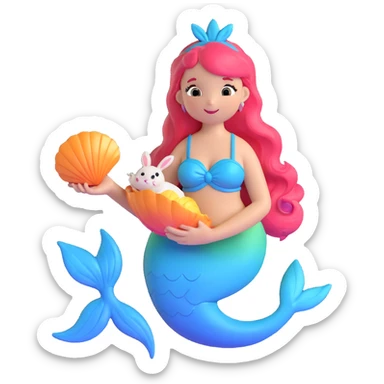 3D iOS-style pastel bunny mermaid holding shell with music notes, shiny smooth texture, gradient mermaid tail, cute friendly face, inspired by reference image sticker