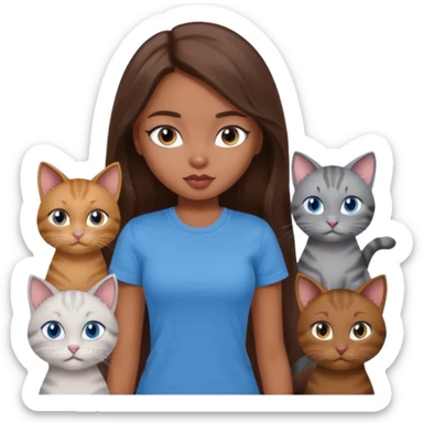 a pretty bratz dusky girl with long brown hair, blue eyes with six cats nd wearing a grey tshirt sticker