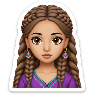 Afghan nose, pretty lips, afghan clothes, medium skin,  long brown hair braid, pretty bratz baddie, black eyeliner sticker