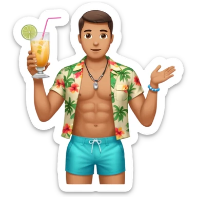 human male Unbuttoned Hawaiian shirt, swim trunks, shaking a cocktail shaker (sparks flying) sticker