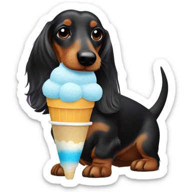 black and tan long hair dachshund eating a shaved ice sticker