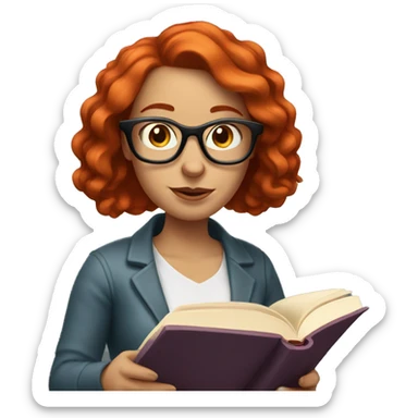 White woman with red hair and glasses reading a book sticker