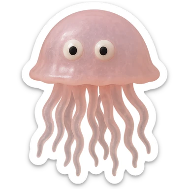 Make the jellyfish a natural color (e.g., pink or purple), more transparent and see-through, retro 90's toy style, derpy eyes, no tag, no background, soft plastic, soft reflections, soft and squishy, some cloudiness, not shiny, highly detailed, appealing. sticker