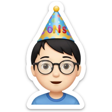 a little boy with black hair with birthday hat, wearing glasses 















 sticker