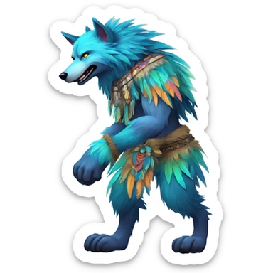 Fluffy Colorful Shy Spiritual Shamanic WereWolf With Shiny Tribal Markings wearing feathers Full Body sticker