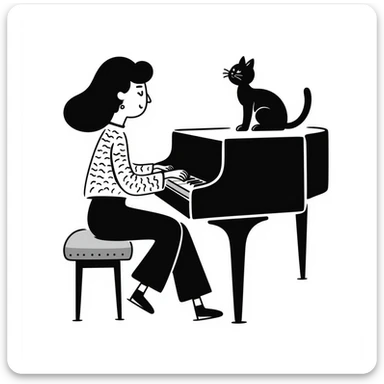 woman playing piano while her cat sits on top of the piano sticker