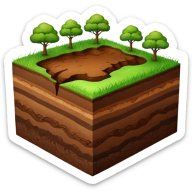 A 3D cartoon cross-section of soil layers with green grass on top, visible brown earth textures, clean white background, smooth and detailed Memoji-style. sticker