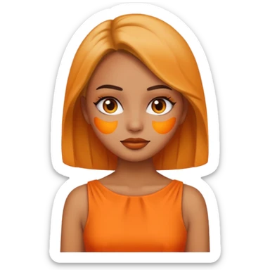 A girl tan skin face emoji with skin head styled, dramatic makeup and an orange dress. sticker