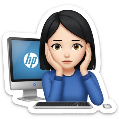 A girl is in front of a computer and is holding her head.The one with black hair And the computer is of a certain type hp sticker