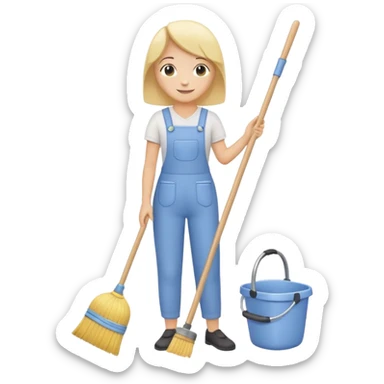 simplified human character calmly cleaning the room, holding a broom or cloth, relaxed smile, peaceful everyday routine, flat custom emoji sticker, soft pastel colors, rounded shapes, minimal details, thick outline, white background, no text sticker