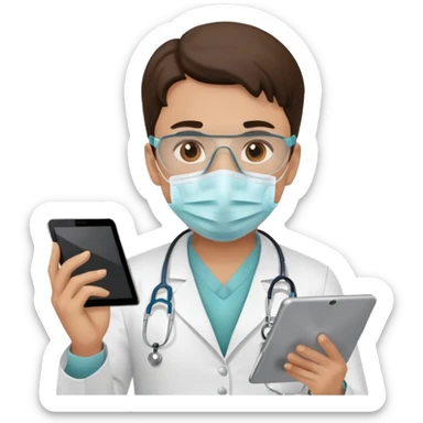 doctor with medical mask and tablet sticker