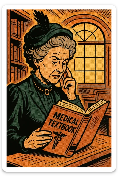 A wealthy victorian women in her 50s reading a medical text book in a university sticker