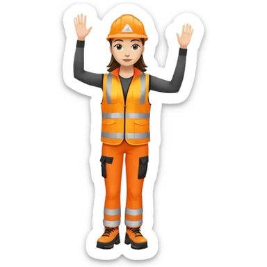 female, orange, hi-vis vest, dark trousers, shoes, hand raised sticker