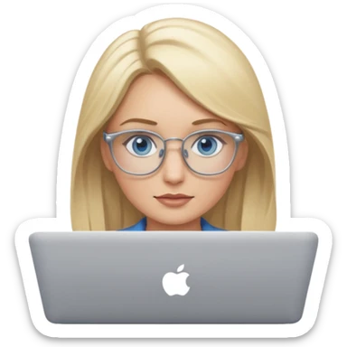 blonde hair woman blue eyes on mac lap top with glasses sticker