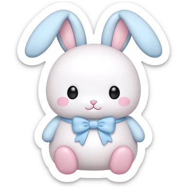 A fat bunny in authentic Sanrio style exactly like Hello Kitty and My Melody, super simplified features, extremely kawaii, tiny body with oversized head, minimal dot eyes, no nose, tiny simple mouth, pastel pink and baby blue colors, clean bold black outlines sticker