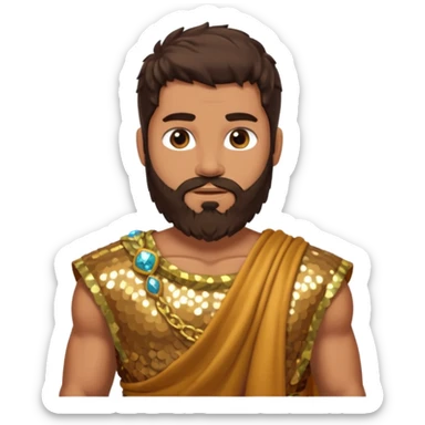 Hercules from Roman Deities with long dark brown hair and beard, bronze sequin toga sticker