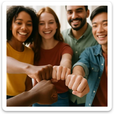 diverse group of friends making a fist bump, hands of different skin tones, unity and friendship sticker