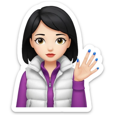 girl with black hair in a white puffer vest with nails sticker