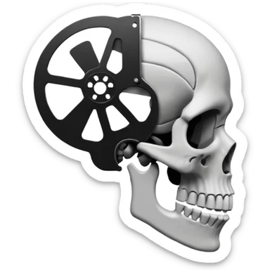 Minimalist emoji-style sticker of a human skull in profile, with a film reel replacing the brain. Grayscale icon with bold silhouette.
 sticker