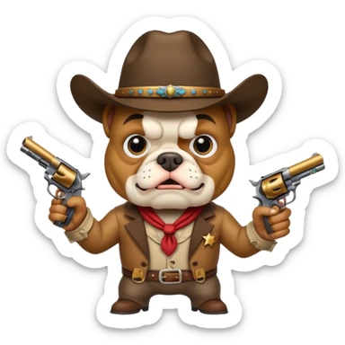 A bulldog wearing a cowboy hat pointing a revolver at you and telling you to hand over your money. sticker