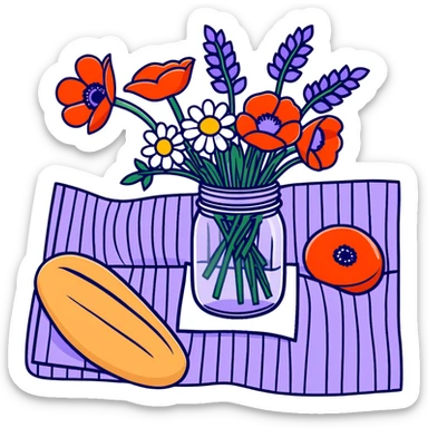 wildflower bouquet with daisies, poppies and lavender arranged in a mason jar on a picnic blanket with bread and fruit sticker