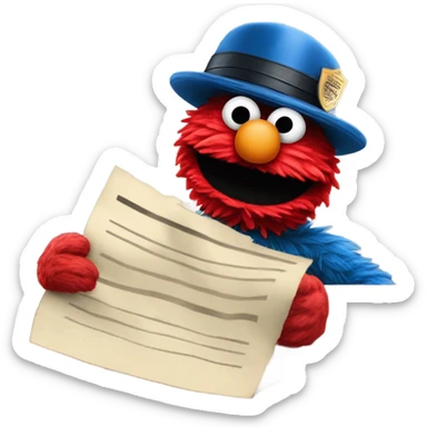 Elmo as a police officer giving Cookie Monster a speeding ticket that says “fanum tax” on it  sticker