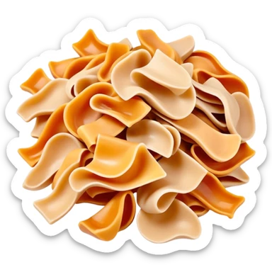 pile of thin, irregular hand-shaved soap flakes, curled and twisted, pale beige or amber tones, waxy matte surface, no container, soft lighting, subtle shadows, emoji scale sticker