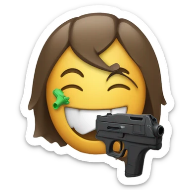 Smiling emoji with a black plastic water pistol pointed into its mouth sticker