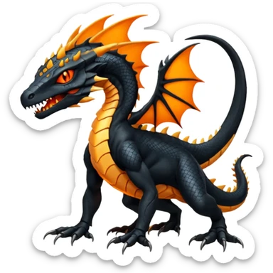 Magmatic fiery badass cool obsidian-Black and golden-orange Helioptile-Amaura-Salandit-Fakémon-hybrid-creature (full body)  sticker