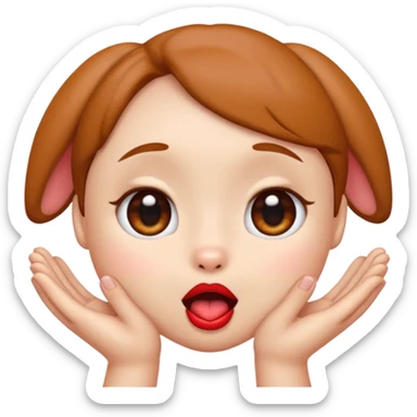 emoji with big anime like eyes like puppy eyes, puckered lips, red cheeks, Little excited clasp with their hands up by their cheeks sticker