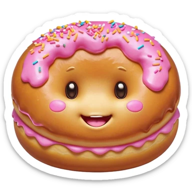 Cinematic tiny happy donut, round and fluffy, golden brown with pink icing and sprinkles, tiny adorable face with blushing cheeks, warm glowing background. sticker