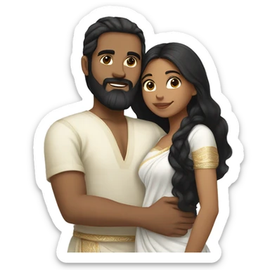 Light skin;Black long hair girl  in a white saree hugging with a man with black beard and short hair on top sticker