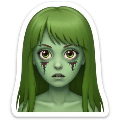 Zumbi feminino, de pele verde, cabelo longo liso e castanho com franja. rosto oval e cilios grandes sticker