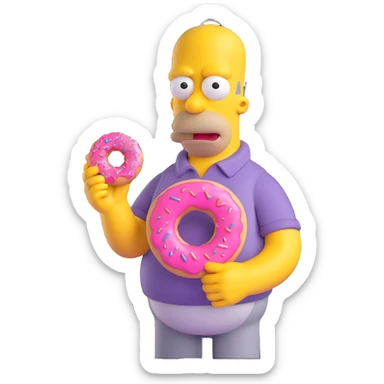 Homer Simpson 3D style holding a pink donut big eyes cartoonish proportions sticker