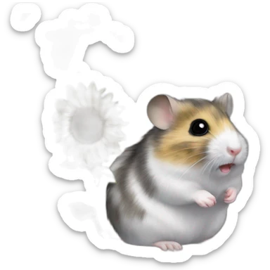 A Campbell dwarf hamster with a patchy greyish white fur sitting and eating a sunflower seed sticker