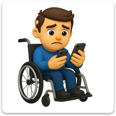 Add a modern wheelchair, keeping the man in the same 3D emoji style and pose, with the hearing aid still visible. sticker