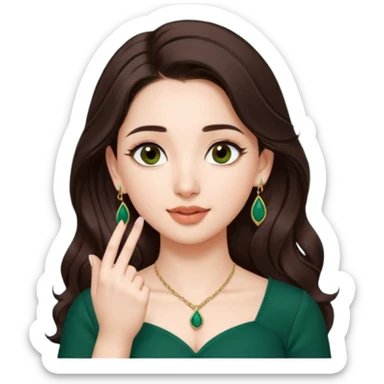 pretty bratz genmoji that, wearing a dark green sweetheart neckline top, dark brown hair, light makeup, no necklace, dangly earrings, SIDE hair part, fair. dark brown eyes, long hair
SHe should look like tamannaah bhatia - bollywood actress
Show her licking her finger  sticker