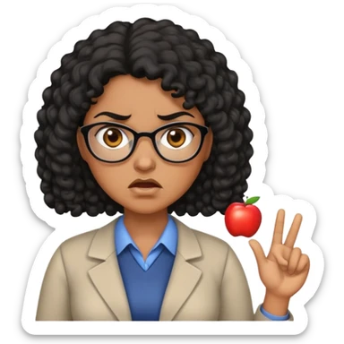 An angry female teacher with brown skin, black curly hair, and slightly chubby sticker