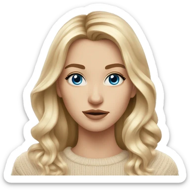 White women, long blonde balayage hair, no smile, blue eyes, beige sweater sticker