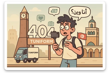 404 error page illustration for "Tuniform" Tunisian social media startup in flat modern vector art style, featuring Tunisian urban vibe with Clock Tower of Tunis, Zitouna Mosque, Tunisian flag (red, white, crescent, star), "404" sign in Tunisian-style environment, small delivery truck or scooter, one or two young Gen Z Tunisian content creators with phone in hand filming or posting, speech bubble saying “أنا وين؟”, light background fog or soft gradient, color palette of red, white, light beige, soft blue, subtle social media and monetization icons (💬, 💸, 📸), clean vector lines, pastel, soft shadows, modern SaaS illustration style sticker