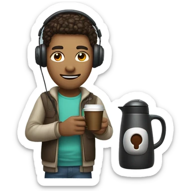 gamer with a headset holding a mouse in one hand and a coffee pot in the other sticker