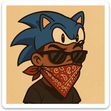 slick warm brown skinned boy with raised eyebrows, wearing a Sonic the Hedgehog hat, sunglasses, and a bandana over his mouth, cohesive illustration style sticker