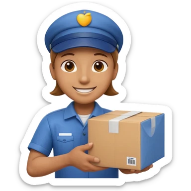 3D Apple-style emoji of a delivery worker holding a cardboard package. Wearing a cap and uniform shirt, smiling expression. Rounded, glossy, smooth, soft shadows, white background.




 sticker
