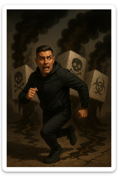 Create an image of a man in his thirties inspired by the face in the reference photo, fleeing with a scared expression. He is running away from huge stylized sugar cubes depicted as toxic, with dark halos, poison symbols like skulls, and black smoke. On the ground, there are traces of sugar melting and corroding whatever they touch. The man appears determined to escape, dressed in sporty or casual clothes. The atmosphere is dark but dynamic, with strong symbolism of sugar as a harmful substance. sticker