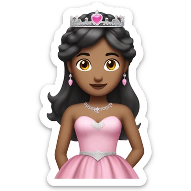 Princess with halo with white skin tone with long black hair with bang with silver pink heart tiara and pink dress sticker